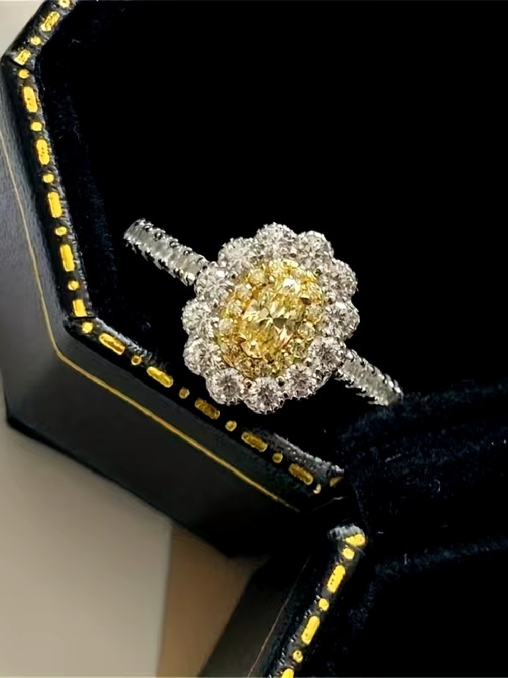 Yellow CZ Halo Ring with Clear Stone Accents - Women Jewelry